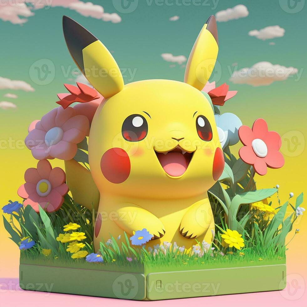 Pokémon Pikachu com flores dentro uma caixa em uma Rosa fundo. generativo  ai. 28398458 Foto de stock no Vecteezy